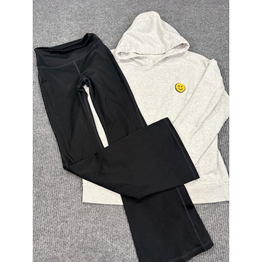 Gilly Hicks Womens Lounge Set Grey Smiley Hoodie and Black Flare Pants Size M